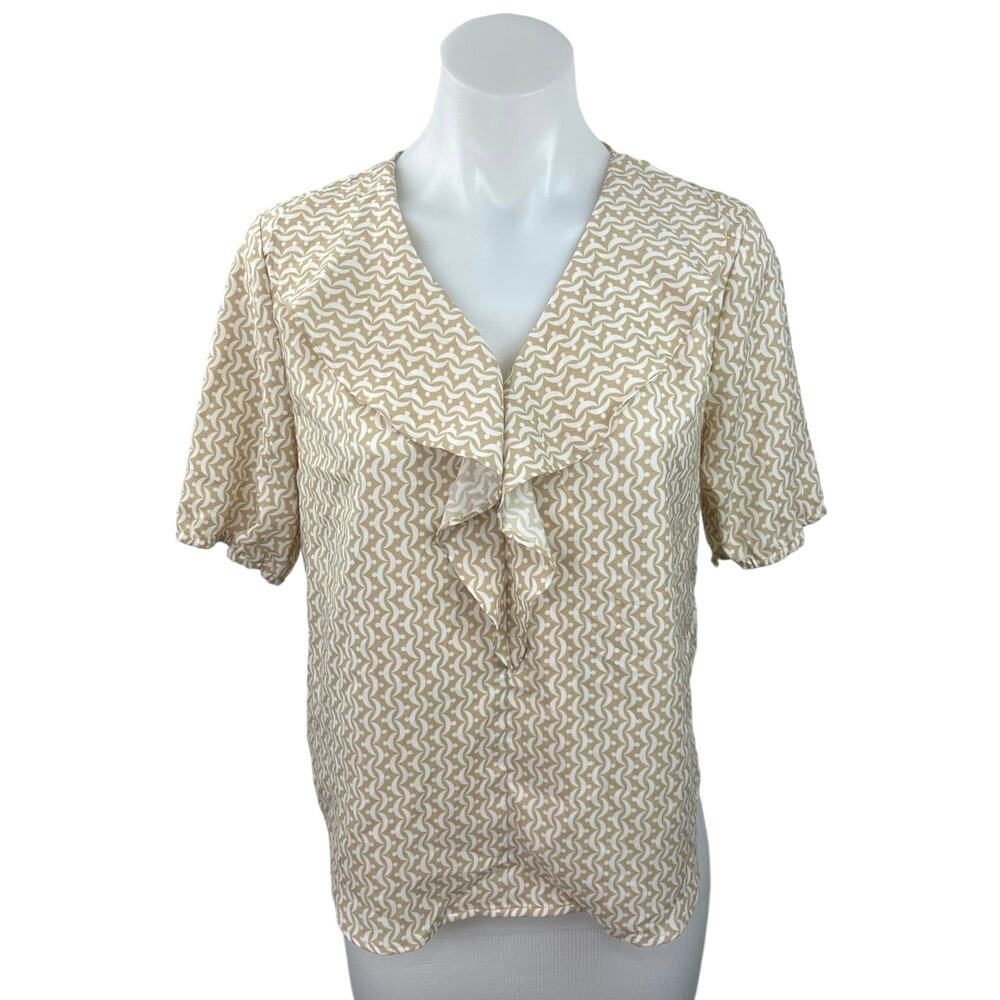 Ann Taylor Beige Geometric Print Ruffle V-Neck Geo Drape Front Blouse Top Size S